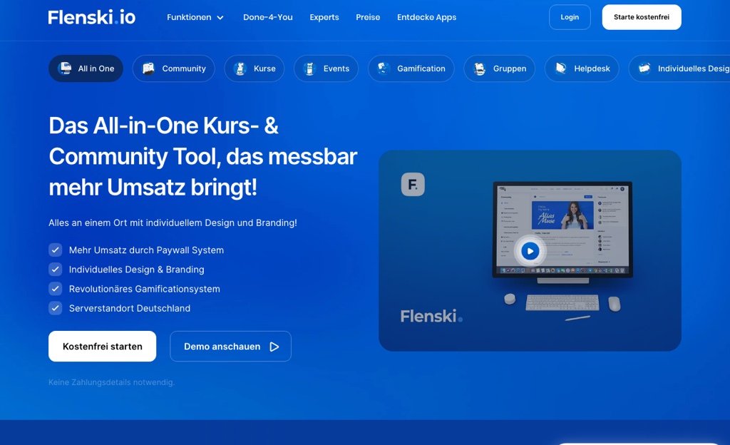 Screenshot der Flenski.io Startseite, einem All-in-One Kurs- und Community-Tool zur Umsatzsteigerung